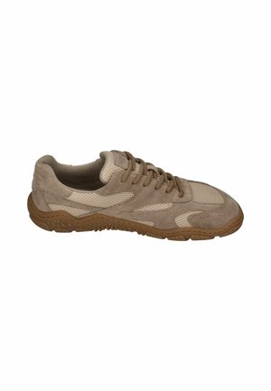 Brown suede and mesh casual sneaker with textured rubber sole and lace-up closure, side view on a white background.