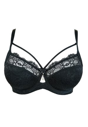 Black lace bra with padded cups, sheer lace panel at the top, decorative center pendant, and crossed straps. Smooth texture, classic design.