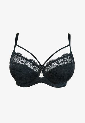 Black lace bra with padded cups, sheer lace panel at the top, decorative center pendant, and crossed straps. Smooth texture, classic design.