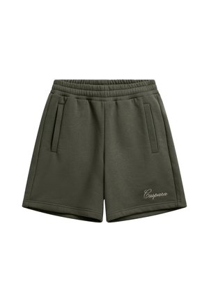 Mørkegrønne casual shorts med elastisk linning, sidelommer og lille hvid kursiv "Caspara" logo på foran på højre ben.