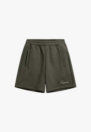 Mørkegrønne casual shorts med elastisk linning, sidelommer og lille hvid kursiv "Caspara" logo på foran på højre ben.