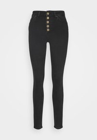 Jeans skinny de mezclilla negra con cintura alta y cierre frontal de cinco botones. Presentan un diseño clásico de cinco bolsillos y una textura suave.