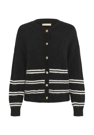 Black cardigan featuring white horizontal stripes, a rounded neckline, and gold buttons down the front. Made from soft, textured material.