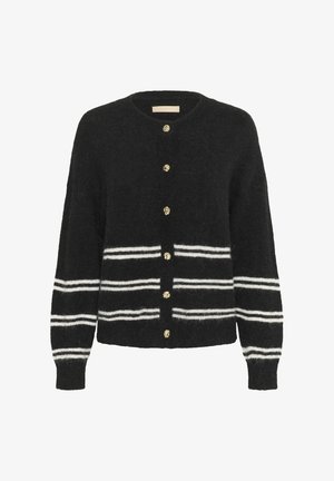 Čierny kardigán s bielymi vodorovnými pruhmi, zaobleným výstrihom a zlatými gombíkmi na prednej strane. Vyrobený z mäkkého, textúrovaného materiálu.