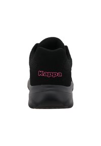 Black athletic shoe with a textured upper, padded heel, and pink logo "Kappa" on the rear. Features a smooth, durable sole.