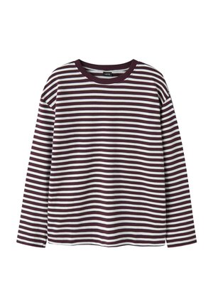 Chemise à manches longues avec des rayures horizontales blanches et violettes foncées et un col rond sur un fond uni.