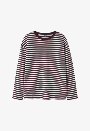 Chemise à manches longues avec des rayures horizontales blanches et violettes foncées et un col rond sur un fond uni.