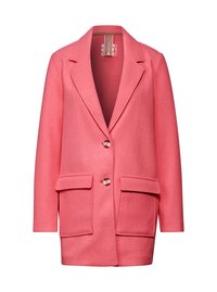 Blazer in misto lana rosa con revers a punta, chiusura con un bottone, due tasche frontali e texture liscia.