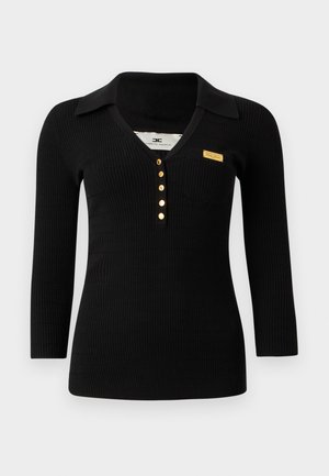 Black ribbed knit top with a V-neck, long sleeves, button front closure, and pocket. Features gold-tone buttons and a small logo accent.