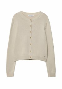 Beżowy sweter z dzianiny z okrągłym dekoltem, z przodem na guziki, długimi rękawami, ściągaczami przy rękawach i dole, z delikatnym logo blisko dolnej krawędzi.