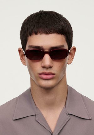 Mladý muž so stručnými tmavými vlasmi, ktorý nosí obdĺžnikové tmavě červené slnečné okuliare a sivú košeľu s golierom, čelom k divákovi s neutrálnym výrazom.