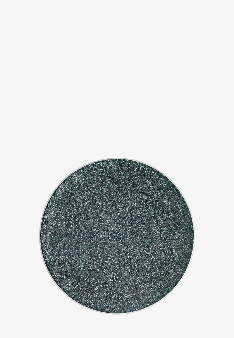 Padella metallica rotonda riempita di polvere glitter grigio scuro, caratterizzata da una texture fine e particelle scintillanti.