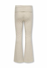 Beżowe spódnice dzwony wykonane z miękkiego materiału, z szerokim paskiem w talii i gładką teksturą, z delikatnym melanżowym wzorem w całej powierzchni.