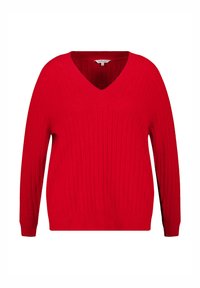 Rode gebreide trui met een V-hals, voorzien van een verticale ribstructuur en lange mouwen. Zacht materiaal met een ontspannen pasvorm en geen zichtbare hardware.