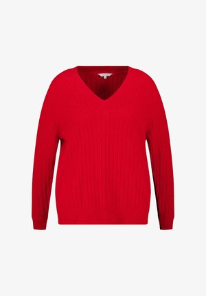 Rode gebreide trui met een V-hals, voorzien van een verticale ribstructuur en lange mouwen. Zacht materiaal met een ontspannen pasvorm en geen zichtbare hardware.