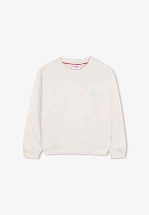 Lichtbeige sweatshirt met een ronde hals, geribbelde boorden en zoom. Voorzien van een klein groen "HUGO" logo op de borst. Zachte textuur, casual ontwerp.