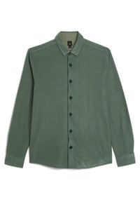 Zielona koszula z długim rękawem, wykonana z fakturowanej tkaniny, z ostrym kołnierzykiem, czarnymi guzikami i mankietami zapinanymi na guziki. Prosty, prosty krój.