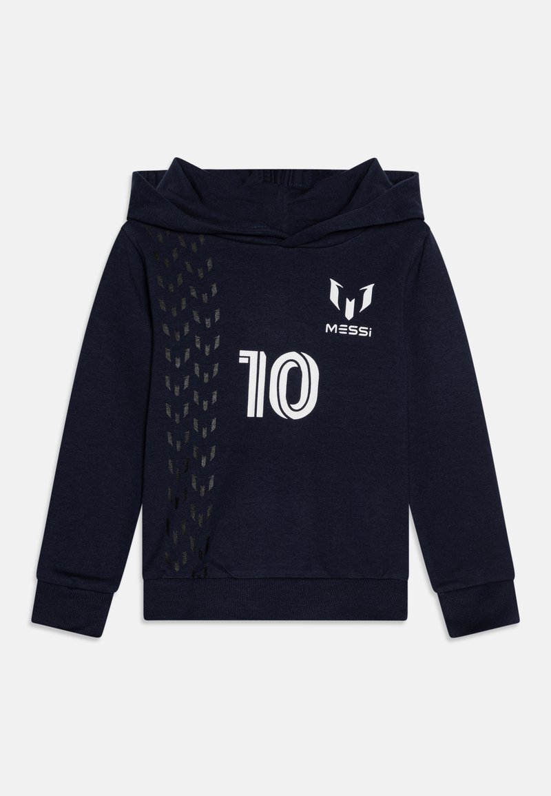 Sweat-shirt à capuche bleu marine en tissu doux, avec une impression texturée noire sur le côté, comprenant les détails blancs "10" et "MESSi".