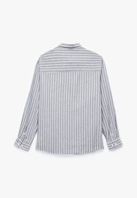 Gestreept overhemd in grijs en wit, met lange mouwen, een kraag en een rechte zoom. Het materiaal lijkt textuur te hebben.