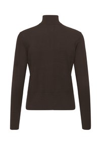 Barna pulóver magas gallérral, testhezálló szabású, hosszú ujjú, bordázott mandzsettákkal, sima, puha anyagból készült.