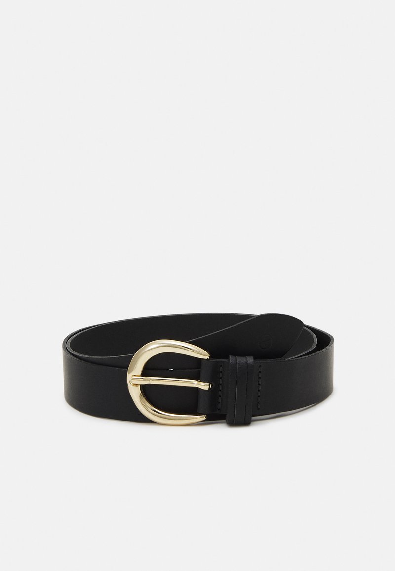 Ceinture en cuir noir avec une boucle en métal doré, dotée d'une texture lisse et d'un design classique. Comprend une boucle de maintien pour un ajustement sécurisé.