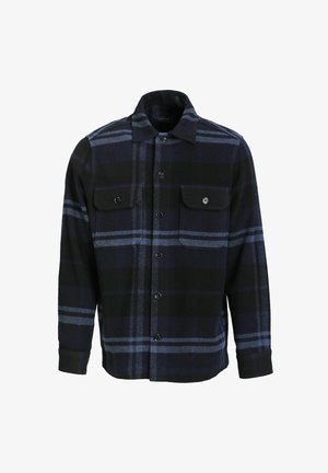 Geruite flanellen shirt in donker marineblauw en zwart, met lichtblauwe strepen, twee borstzakken met knoopsluitingen en een gespreide kraag.
