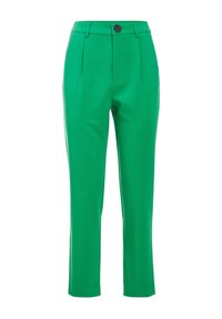 Green cropped trousers with a smooth texture, featuring pleats and a single dark button at the waist, tailored fit.