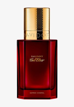 Red rectangular Davidoff Cool Elixir Safran Mineral bottle with gold textured cap and gold lettering on front.