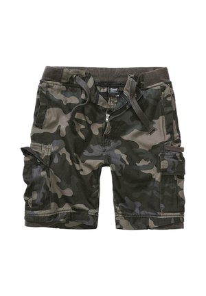 Šorc s cargo džepovima u maskirnom uzorku tamno zelene i sive boje. Ima više džepova, patentni zatvarač i elastični pojas s vezicama. Izrađen od izdržljivog materijala.