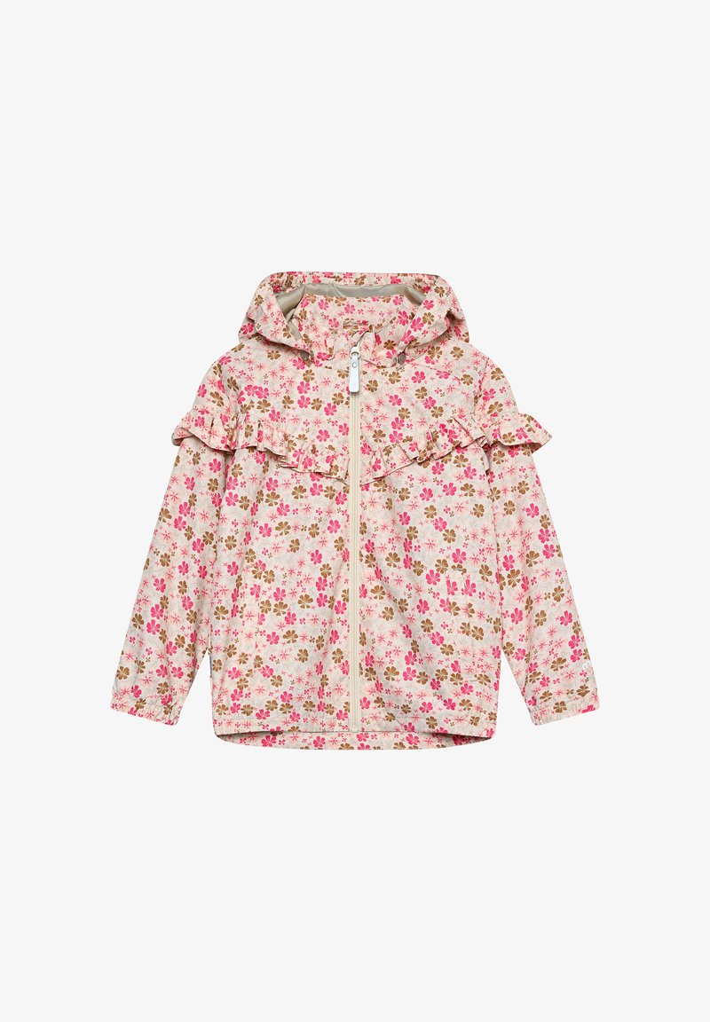 Kurtka w kwiatowy wzór o różowo-beżowej kolorystyce, z kołnierzem z falbanami, kapturem i zapięciem na frontowy zamek błyskawiczny.