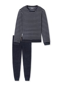 Navy striped long-sleeve top with white horizontal stripes and matching solid navy sweatpants, made from soft fabric with ribbed cuffs.