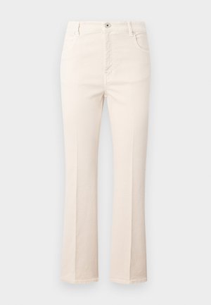 Jeans beige a zampa d'elefante realizzati in cotone, con vita alta, cinque tasche, chiusura con bottone e dettagli di cucitura sottili.