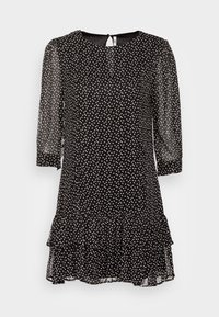 Schwarzes Kleid mit weißen Punkten, durchscheinenden langen Ärmeln, rundem Ausschnitt, gerafftem Saum und einem Rückenschlitz mit Verschluss. Leichter Stoff.