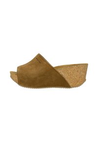 Bruine suède wedge sandalen met een open teen, kurken platform en een gladde bovenkant. Heeft een gebogen vorm met een gestructureerde zool voor grip.