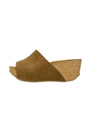 Brown suede wedge sandals with an open toe, cork platform, and a smooth upper. Features a curved shape with a textured sole for grip.