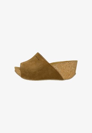 Bruine suède wedge sandalen met een open teen, kurken platform en een gladde bovenkant. Heeft een gebogen vorm met een gestructureerde zool voor grip.