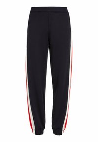 Marina joggers med röda och vita sidosträck, elastisk midjeband och ankle cuffs. Tillverkade av mjukt, stretchigt tyg för komfort.