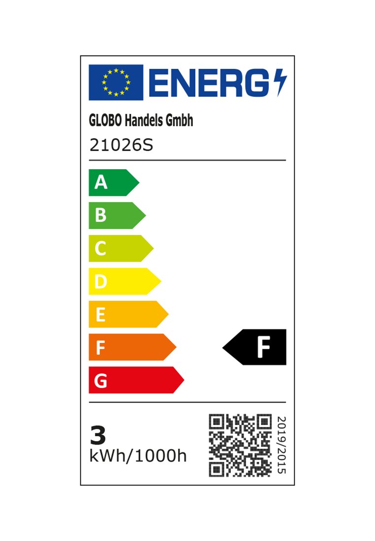 Energielabel für das Produkt 21026S von GLOBO Handels GmbH, Bewertung F für die Energieeffizienz, Verbrauch von 3 kWh pro 1000 Stunden, mit EU-Flagge und QR-Code.