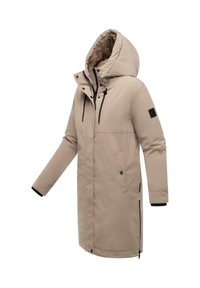 Beige parka met een faux fur-gevoerde capuchon, rits aan de voorkant, verstelbare koordjes, zijzakken en zwarte manchetten. Glad materiaal met een matte afwerking.