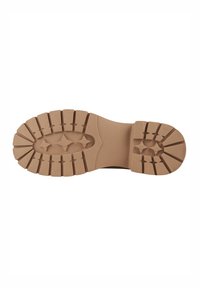 Rubberen laarzenzool in tan kleur met een robuust profielpatroon, voorzien van meerdere groeven en stervormige accenten voor verbeterde grip.