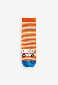 Orange und weiß gestreifte Socke mit blauer Zehe, ausgestattet mit einem gestickten weißen Ambulanzdesign mit roten Kreuzdetails.