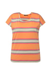 T-shirt met korte mouwen, voorzien van een oranje basis met horizontale strepen in roze, groen en blauw. Ronde halslijn, zachte stof, casual pasvorm.
