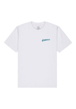 Witte katoenen t-shirt met korte mouwen en een ronde hals. De voorkant heeft een tealkleurig "ELEMENT" logo in een speelse lettertype.