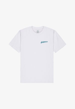 Witte katoenen t-shirt met korte mouwen en een ronde hals. De voorkant heeft een tealkleurig "ELEMENT" logo in een speelse lettertype.