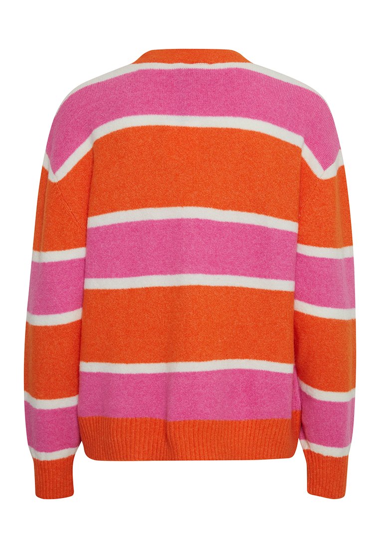 Sweter dzianinowy w pomarańczowe, różowe i białe paski, o luźnym kroju, z długimi rękawami i ściągaczami. Miękka tekstura, casualowy design.