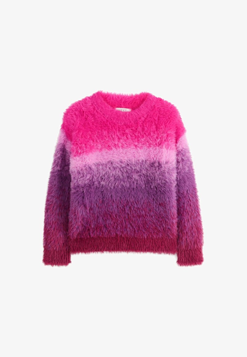 Pull duveteux à manches longues avec un dégradé horizontal de couleurs du rose vif au rose clair, violet et rouge foncé à l’ourlet.