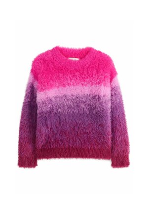 Maglione fuzzy a maniche lunghe con strisce orizzontali a gradiente di colore in rosa brillante, rosa chiaro, viola e rosa scuro.