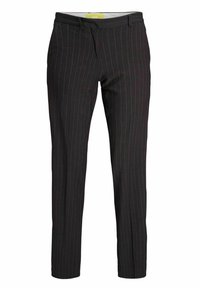 Black pinstriped trousers made of a smooth fabric, featuring a straight-leg design and a medium-rise waistband. Inner label visible.