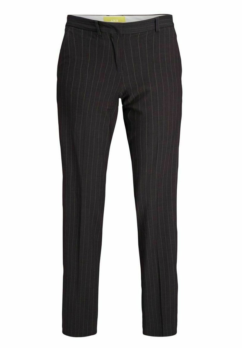 Black pinstriped trousers made of a smooth fabric, featuring a straight-leg design and a medium-rise waistband. Inner label visible.