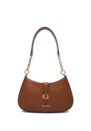 Sac à bandoulière en cuir marron avec des maillons de chaîne dorés sur la sangle et un logo "G" et "GUESS" doré sur le devant.